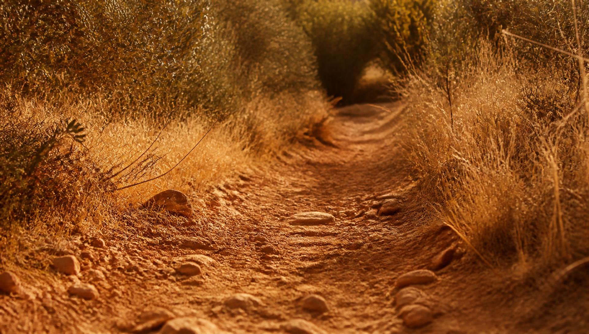A dusty singletrack trail through dry golden grass, seen low to the ground