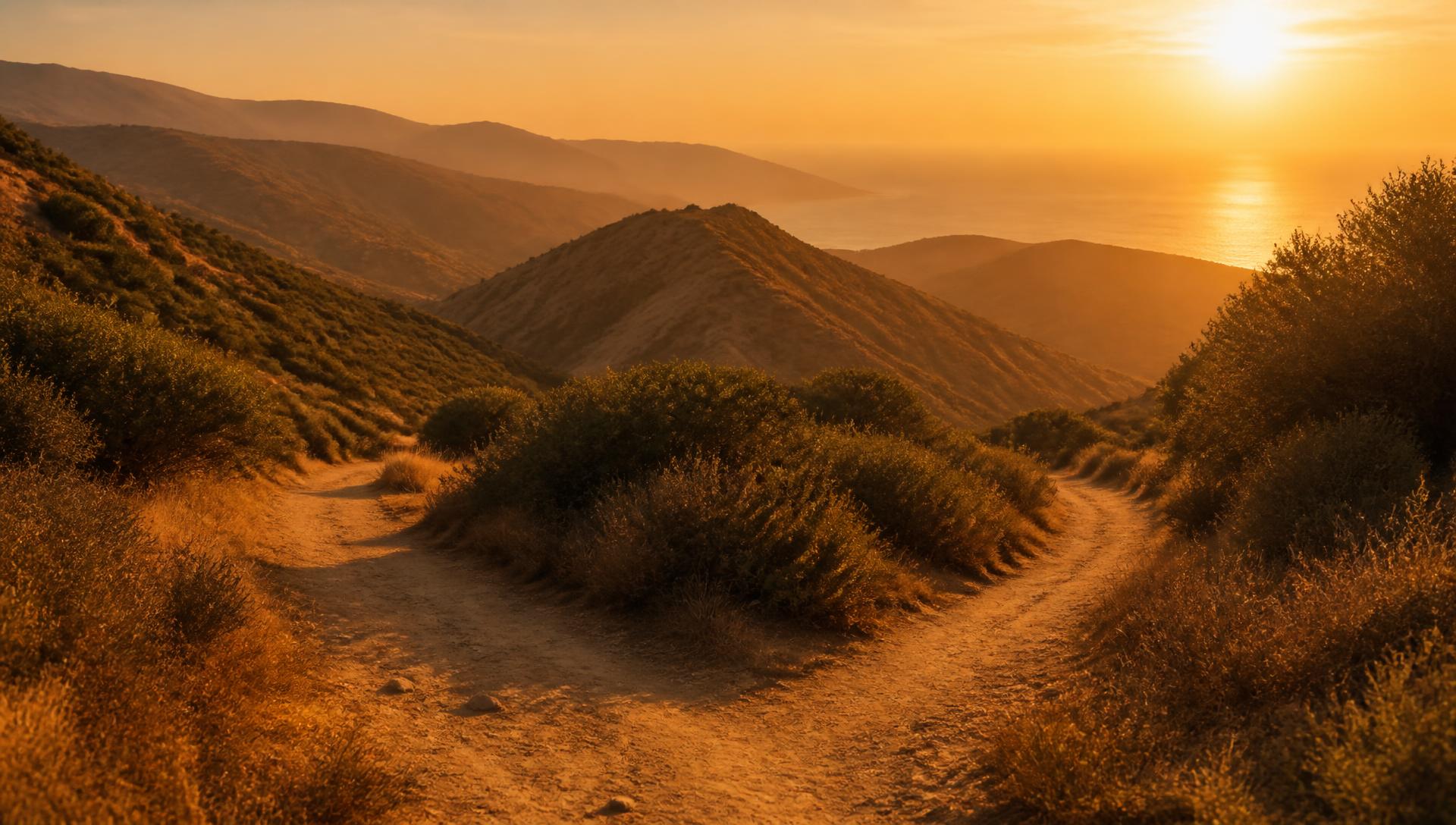 A fork in a hillside path above layered golden hills at sunset