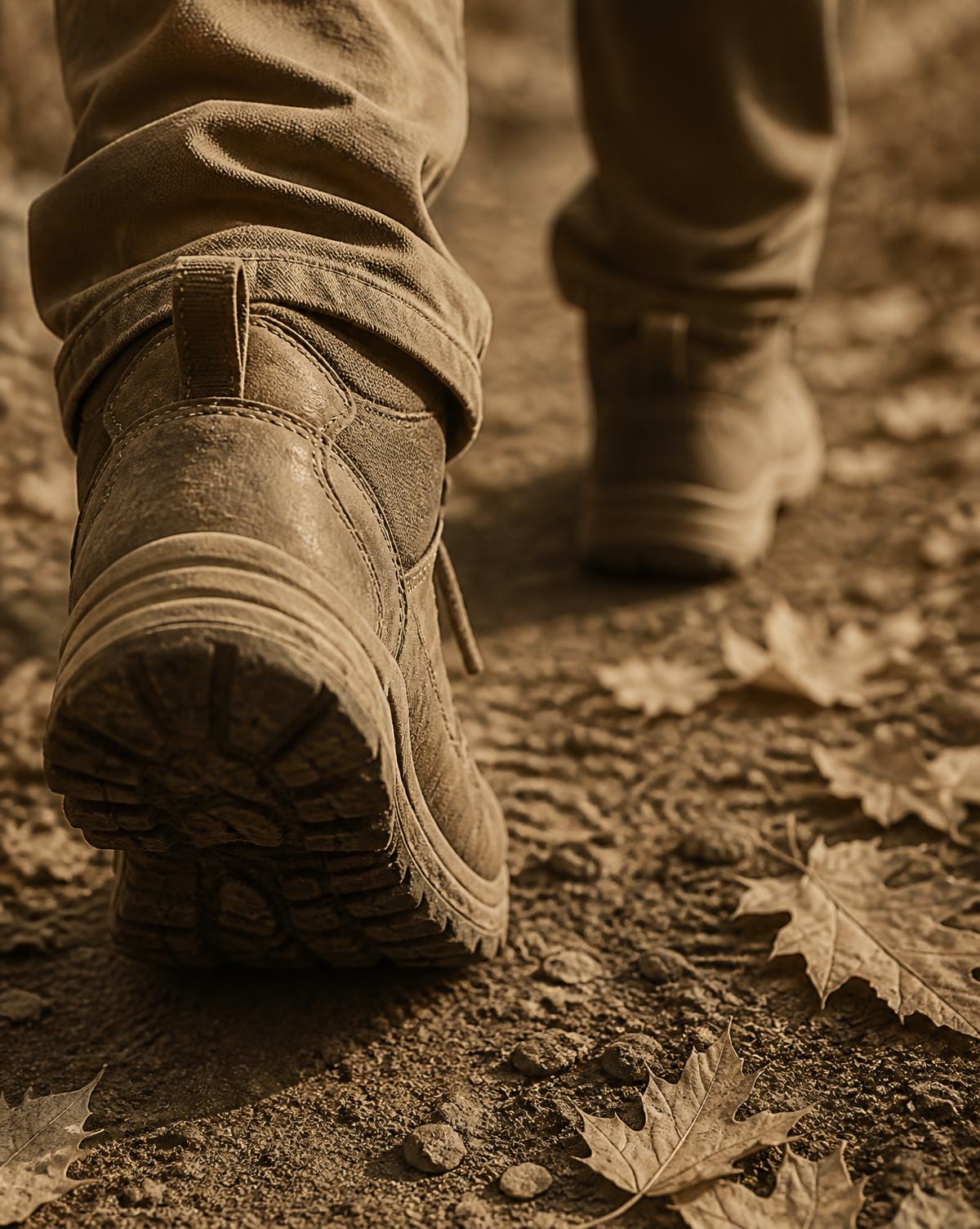Worn boots mid-stride on a dry dirt footpath