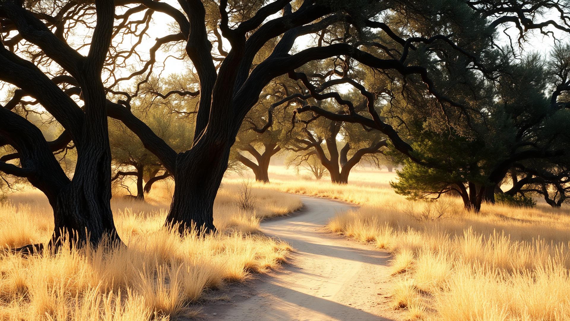A quiet dirt path curving through a California oak grove in soft morning light