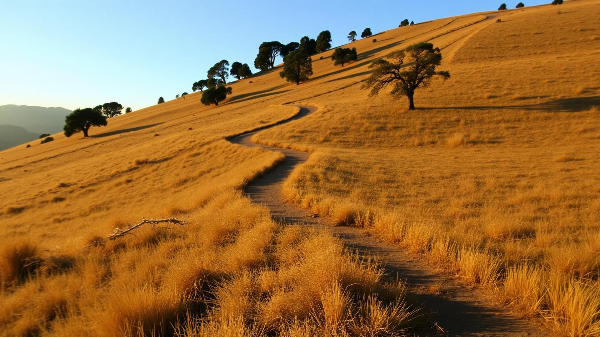 A trail switchbacking gently across an open grassy East Bay hillside in late afternoon light