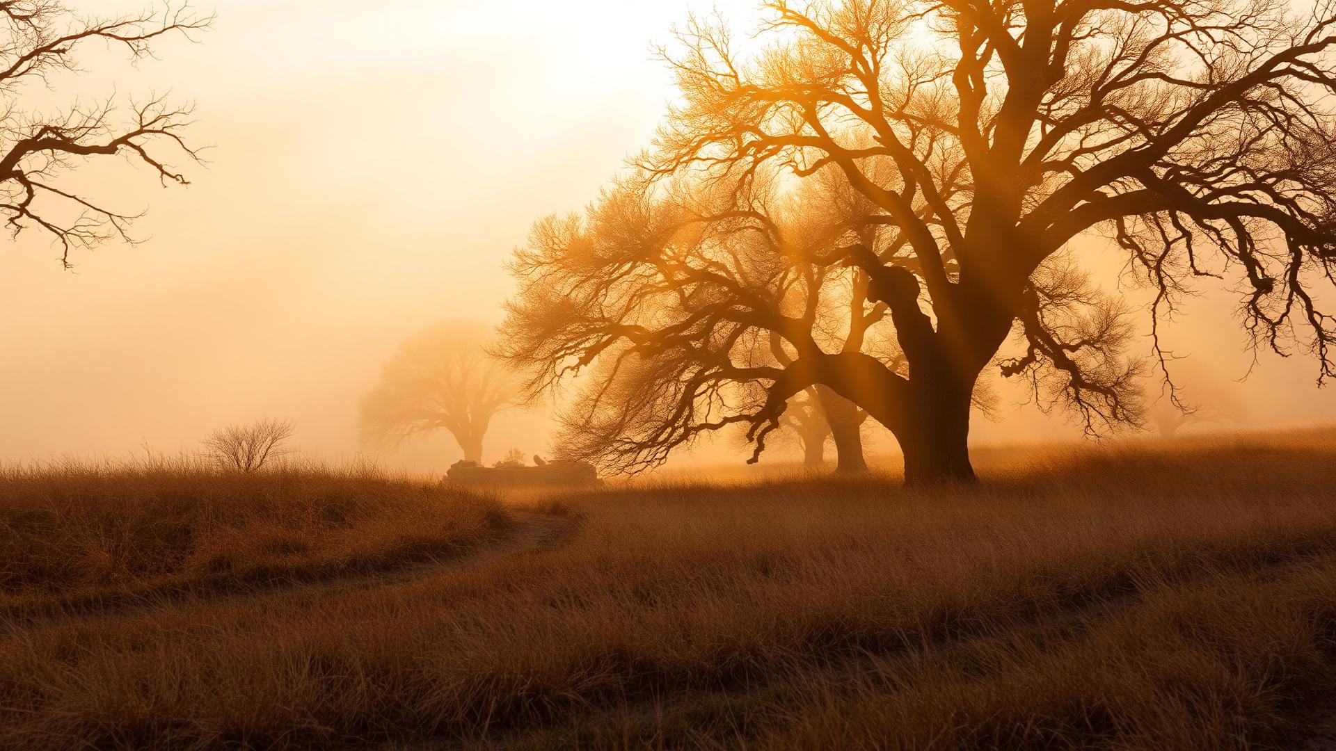 Warm morning fog drifting between oak trunks above dry grass