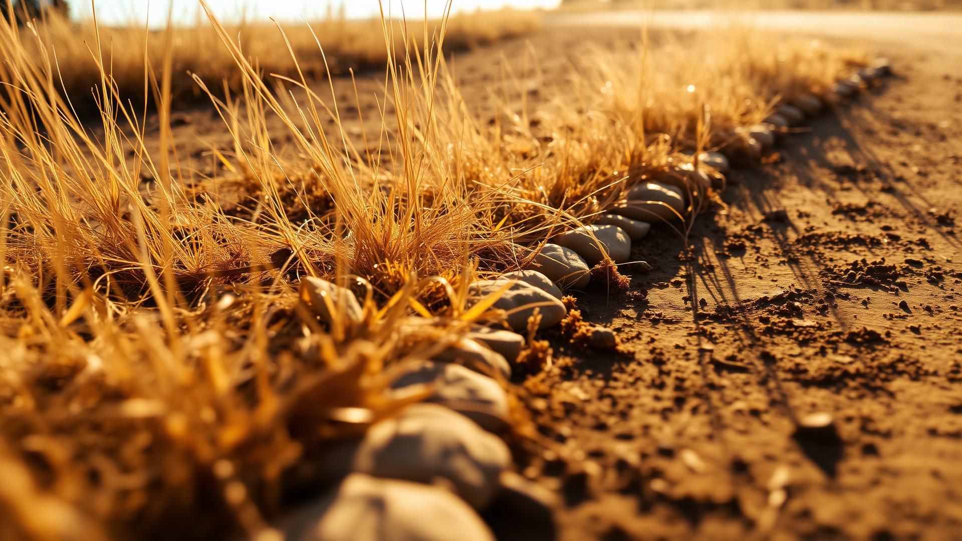 Dry golden grass and a stone-edged dirt path in warm low sunlight