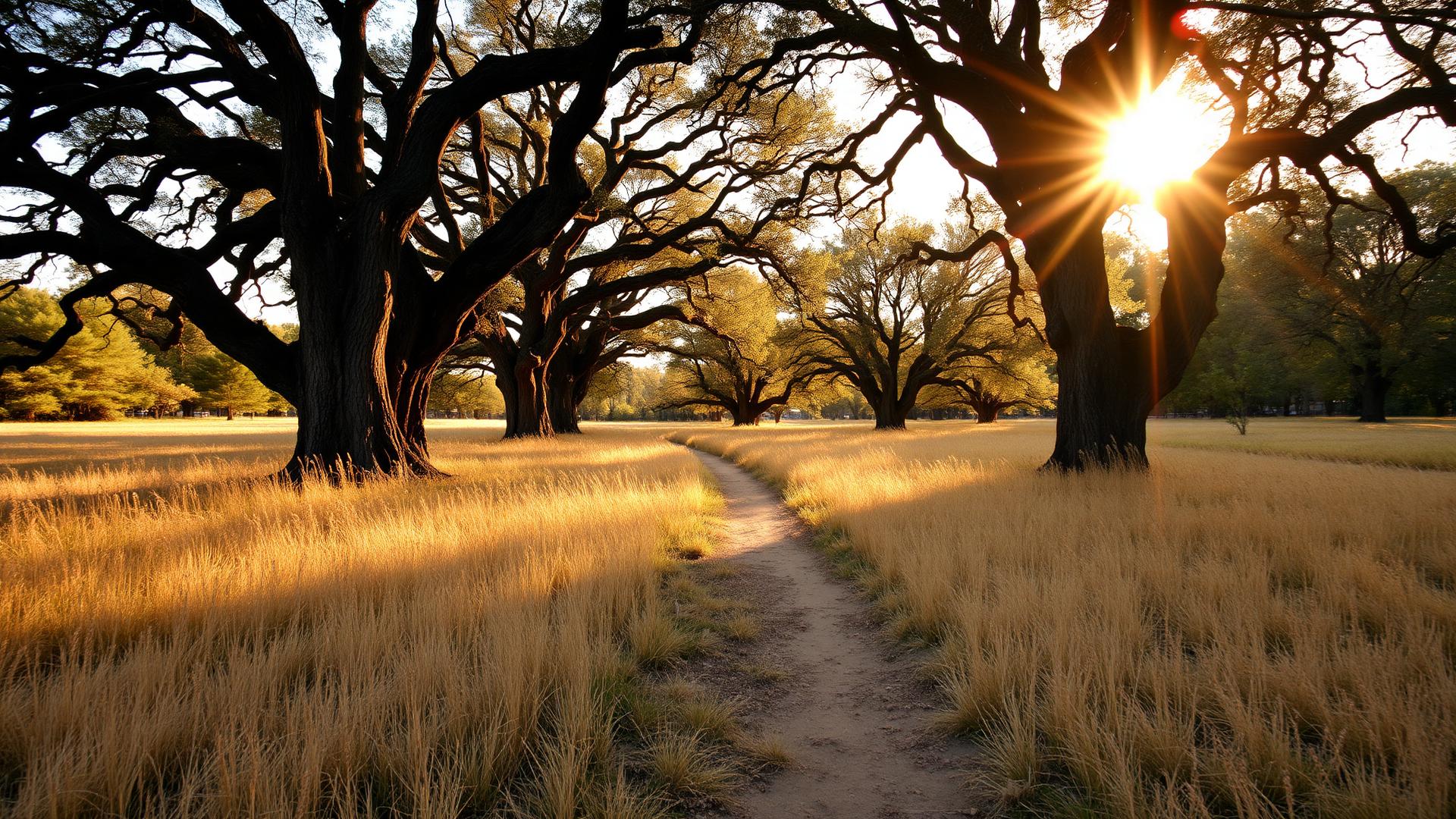 A broad meadow footpath running between old oaks in warm low sunlight