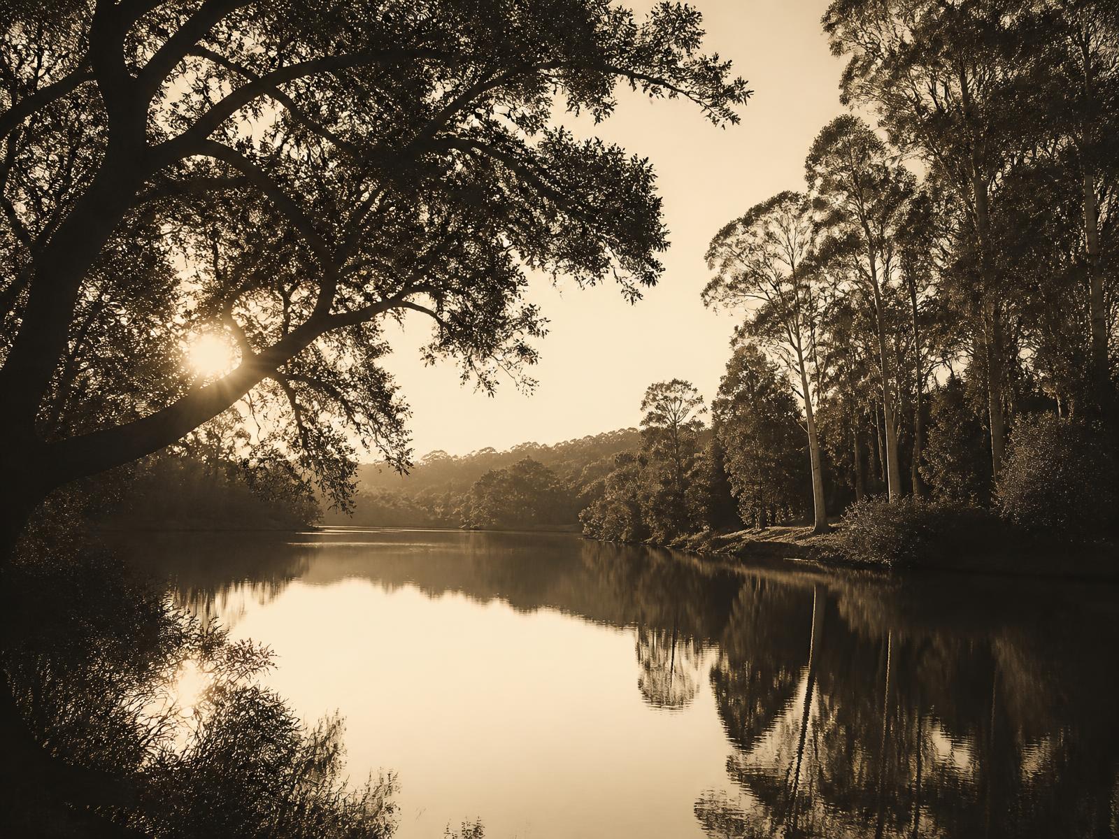 Still water at golden hour, ringed by oaks in the East Bay hills